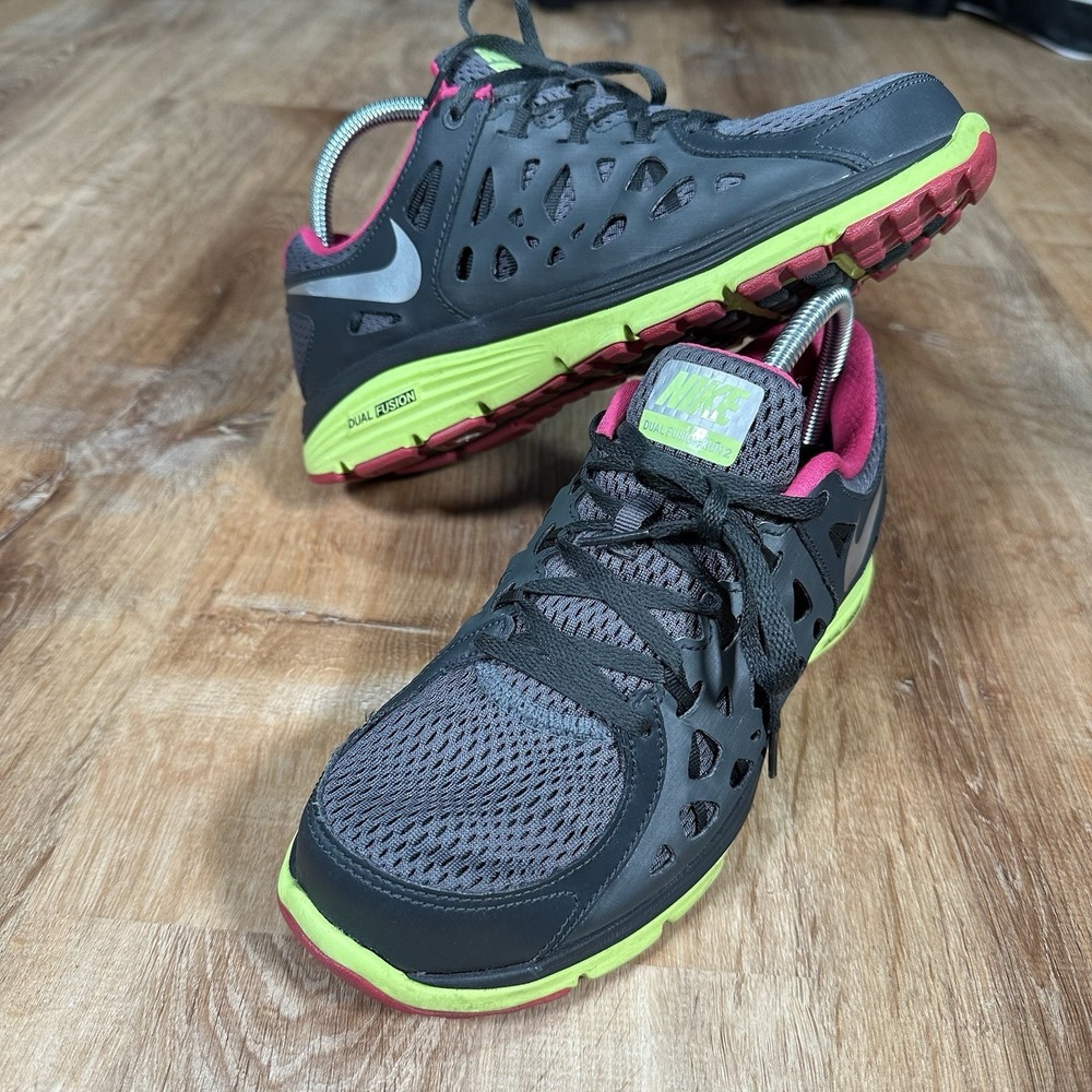 Nike Womens Dual Fusion Run 2 Size 9 Gray Pink Neon Running Shoes 599564-009